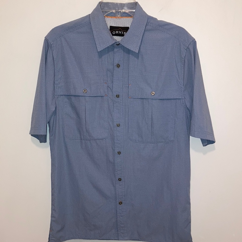 ORVIS Blue Short Sleeve Fishing Shirt Size Small Back Vents Pockets Button Down